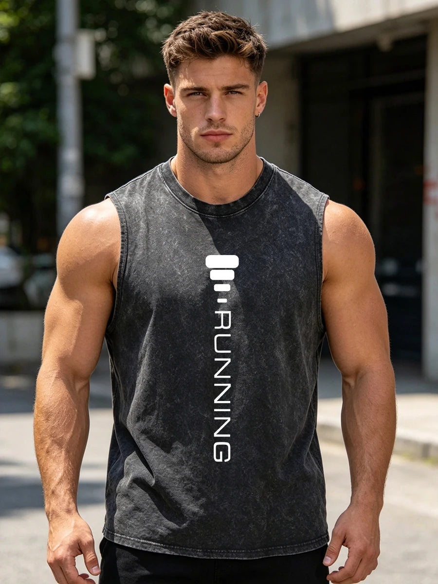 Men's Distressed Washed Vest Summer Casual Simple Word Print Pure Cotton Sleeveless T-Shirt Everyday Street Commute Top