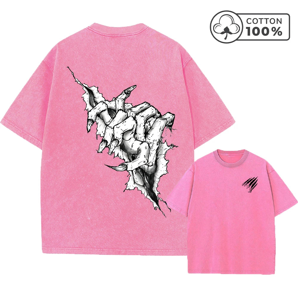 Men's Distressed Washed T-Shirt With Ripped Claw Print Vintage Pure Cotton Short Sleeve Comfortable And Breathable Training Top