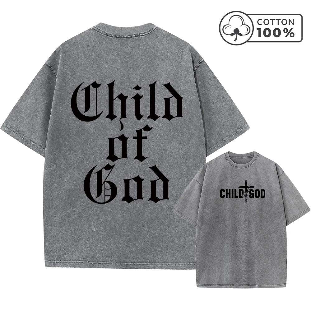 Men's Child Of God Print Distressed Washed T-Shirt Loose Fit Casual Pure Cotton Crew Neck Short Sleeve Everyday Commute Top