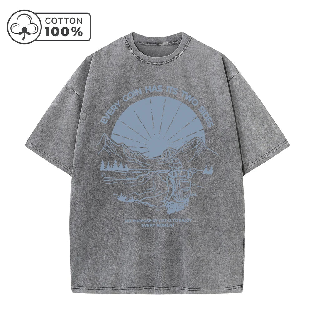 Men's Retro Casual Washed T-Shirt Summer Fashion Landscape Print Pure Cotton Crew Neck Short Sleeve Street Commuter Top