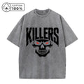 Men's Fashion Street Retro Washed T-Shirt With Red Eye Skull Print Summer Casual Pure Cotton Breathable Short Sleeve Top