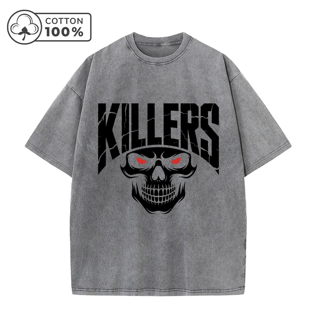 Men's Fashion Street Retro Washed T-Shirt With Red Eye Skull Print Summer Casual Pure Cotton Breathable Short Sleeve Top