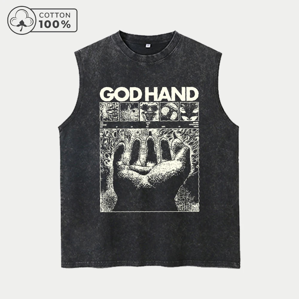 Men's Fashion God's Hand Print Washed Vest Loose Casual Pure Cotton Fitness Commuter Sleeveless Vest Summer Running Top