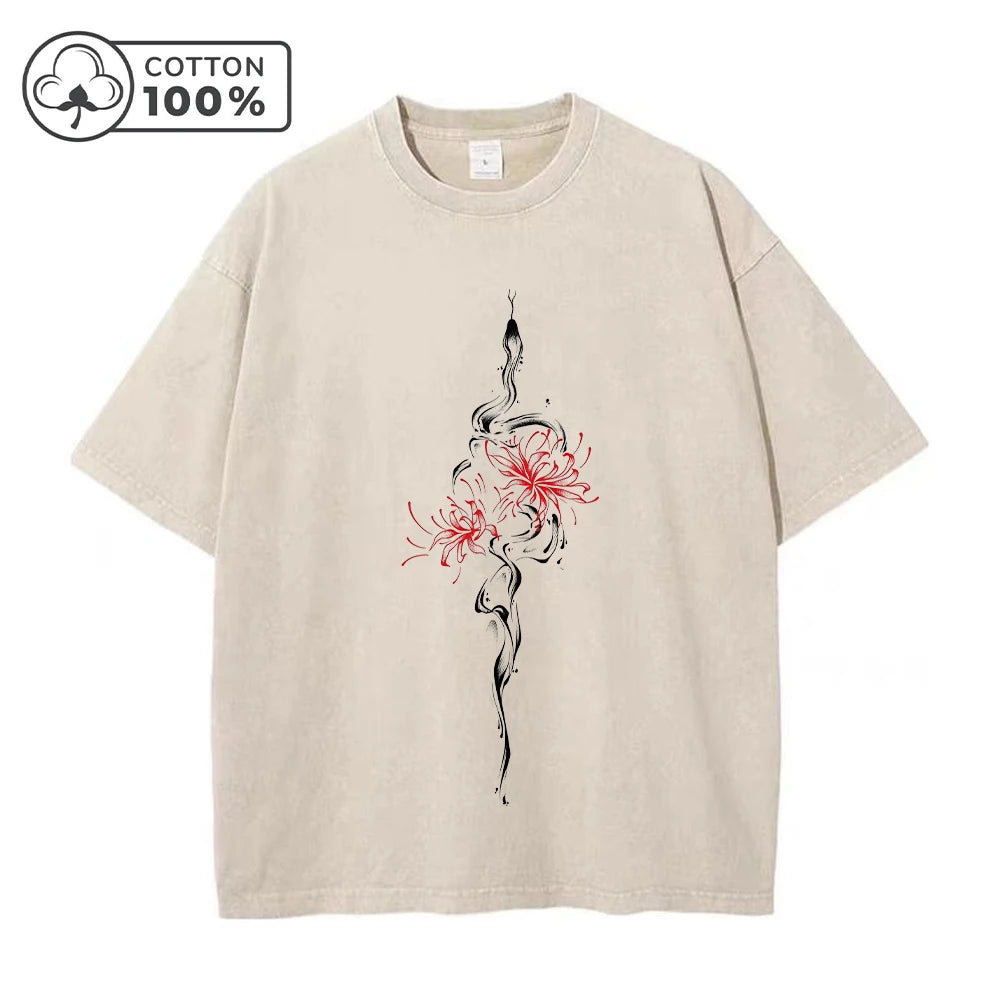 Men's Retro Casual Washed T-Shirt Summer Fashion Snake And Flower Print Pure Cotton Crew Neck Short Sleeve Street Commuter Top