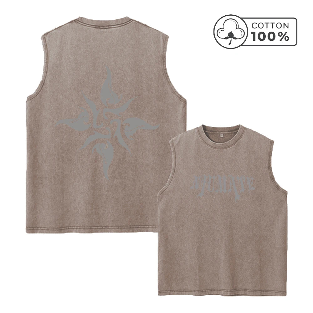 Men's Washed Vest With Gothic Text And Floral Print Pure Cotton Sleeveless Fitness T Shirt Loose Fit Casual Commuter Sports Top