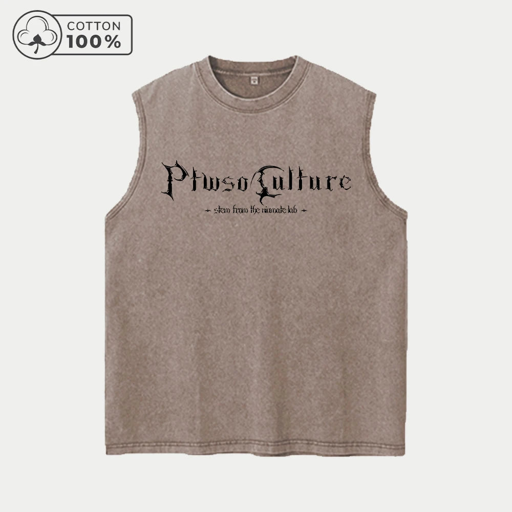 Men's Pure Cotton Washed Sleeveless Vest Creative Gothic Letter Print Top Retro Distressed 2026 Street Style Breathable Vest