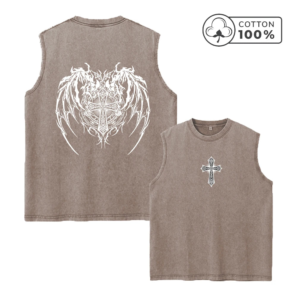 Men's Retro Washed Vest With Cross Wing Print Loose Fit Casual Pure Cotton Sleeveless Top Summer Fitness Running Base Shirt
