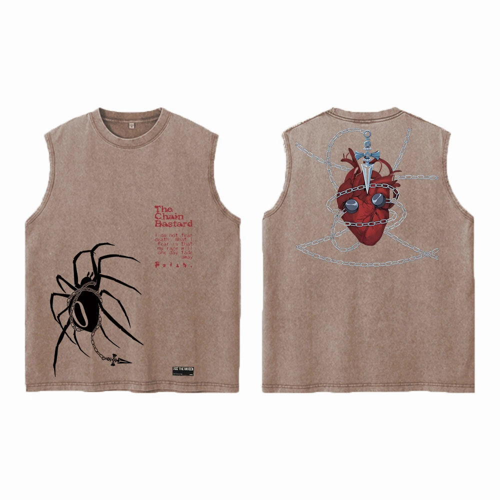 Anime Hunter X Hunter Acid Vest Retro Vintage Printed Washed Graphic Vest Men Harajuku Y2k Cotton Casual Tshirt Tops Unisex