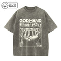 Men's Distressed Washed T-Shirt Trendy God s Hand Print Vintage Pure Cotton Short Sleeve Comfortable And Breathable Training Top