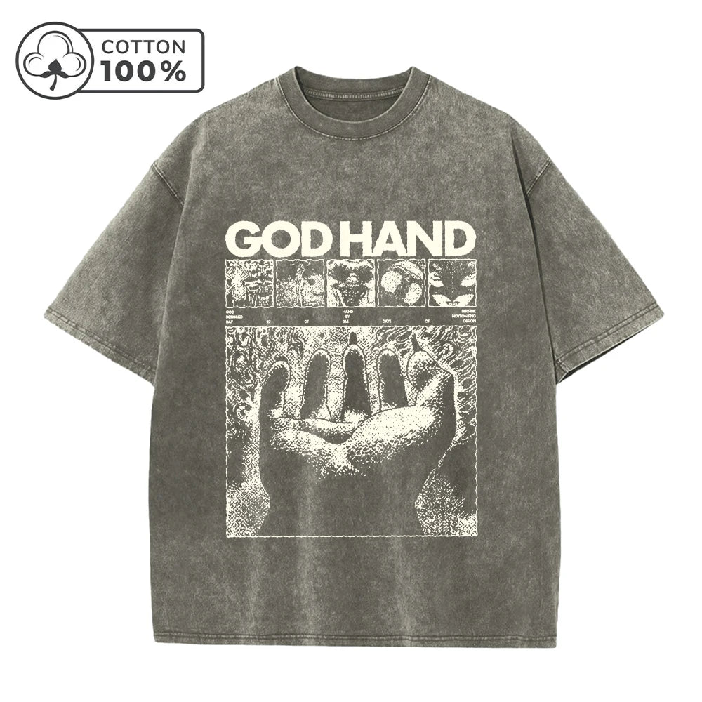 Men's Distressed Washed T-Shirt Trendy God s Hand Print Vintage Pure Cotton Short Sleeve Comfortable And Breathable Training Top