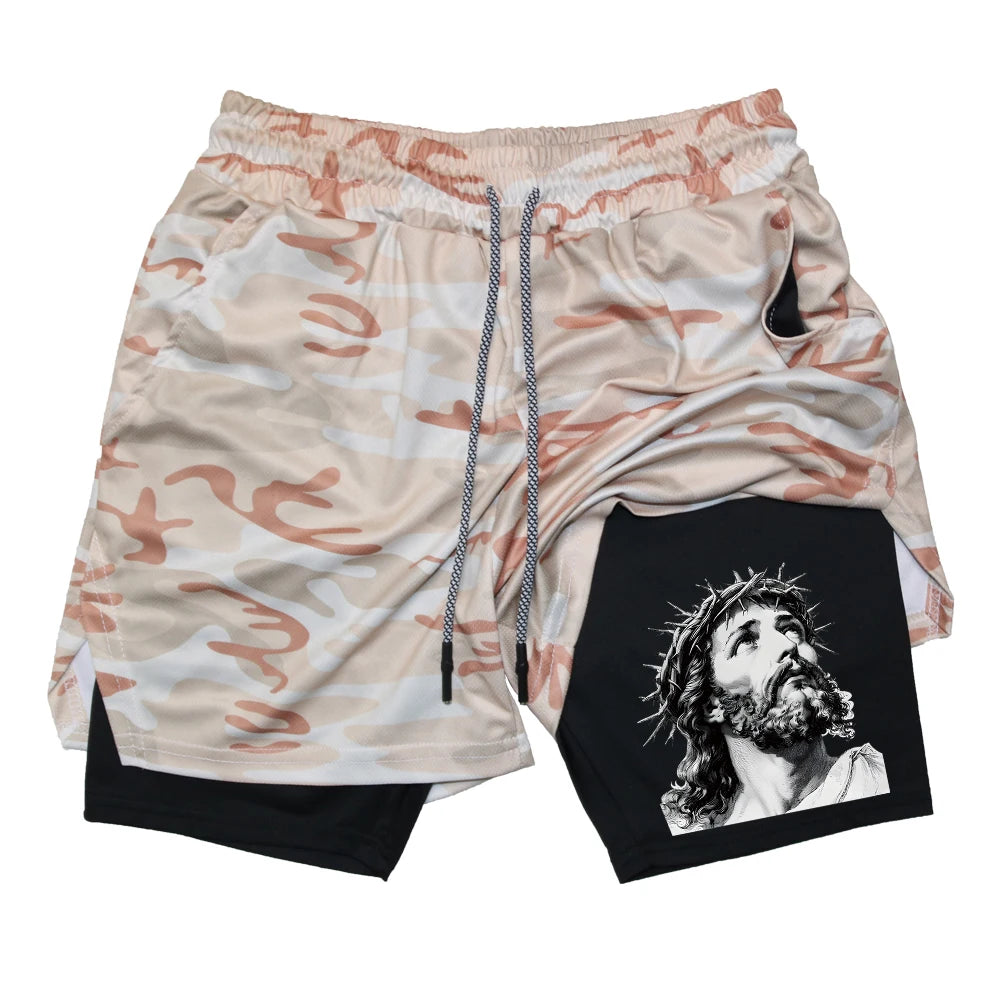 Men's Quick-Drying Athletic Shorts With Jesus Head Print Multiple Pockets Suitable For Fitness Training And Everyday Wear
