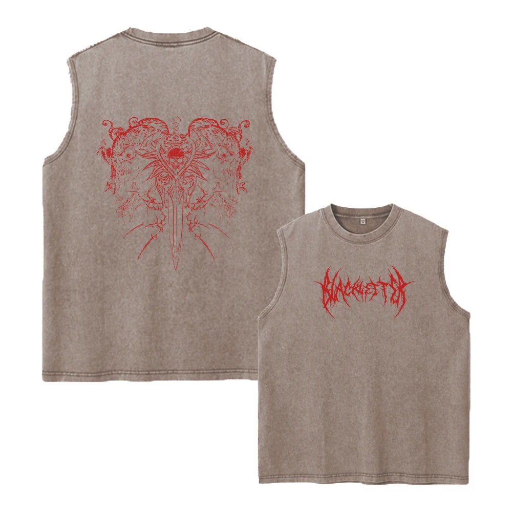 Heavyweight Distressed Washed Sleeveless T-Shirt For Men Creative Print High Street Fitness Sports Vest 2026 New Style