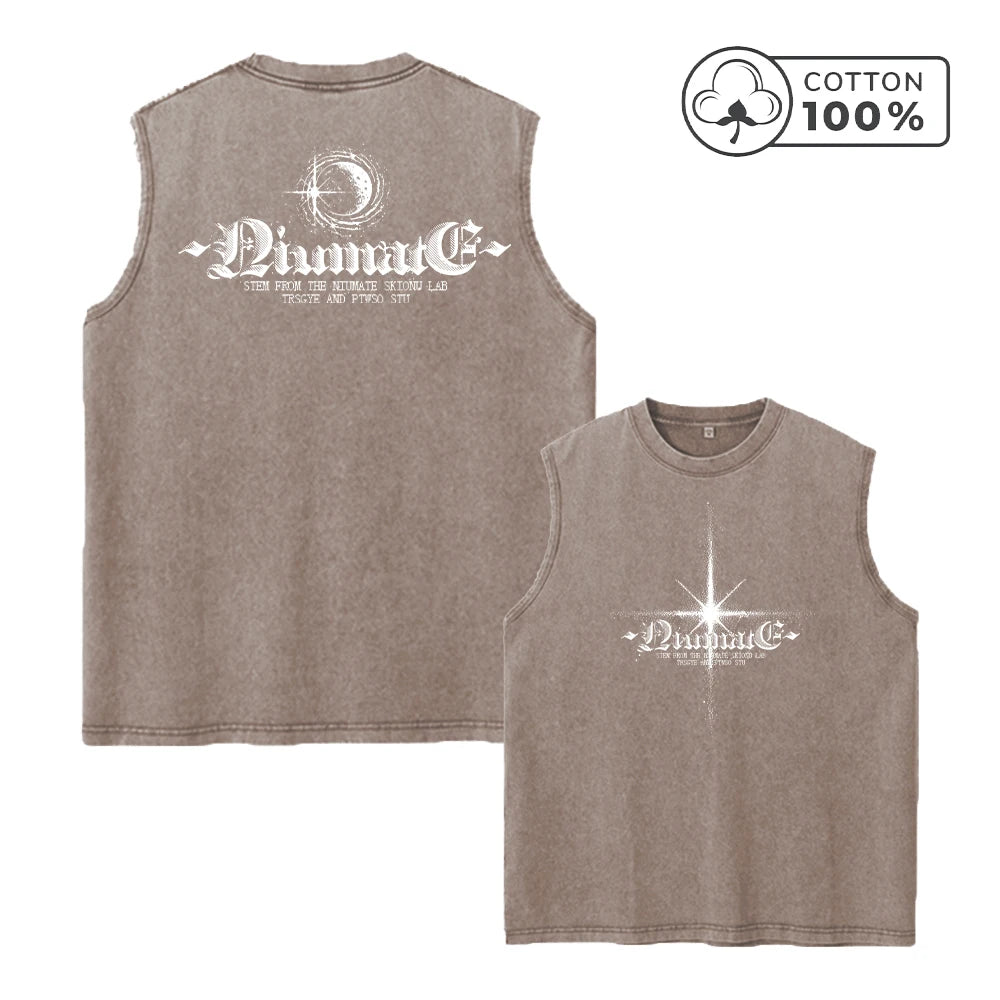 Men's Pure Cotton Washed Sleeveless Vest Trendy Starlight Print Top Retro Distressed Street Style Heavyweight Breathable Vest