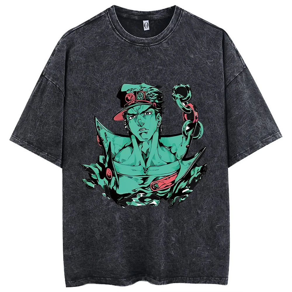 Y2k Washed T-shirts For Men Anime JoJo's Bizarre Adventure Short Tshirts Women Tops Graphic Printed TShirt Short Sleeve Unisex
