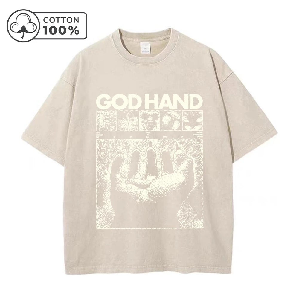 Men's Distressed Washed T-Shirt Trendy God s Hand Print Vintage Pure Cotton Short Sleeve Comfortable And Breathable Training Top