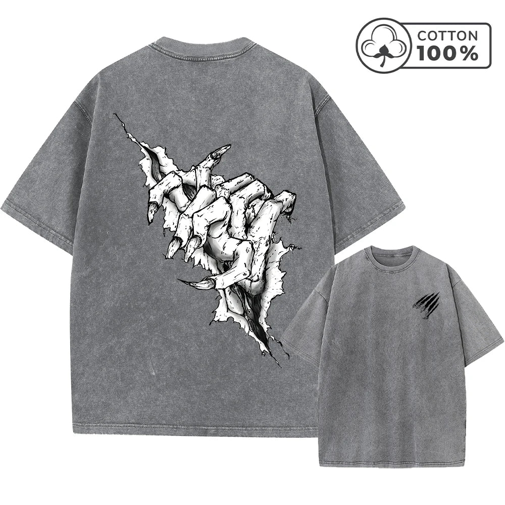 Men's Distressed Washed T-Shirt With Ripped Claw Print Vintage Pure Cotton Short Sleeve Comfortable And Breathable Training Top