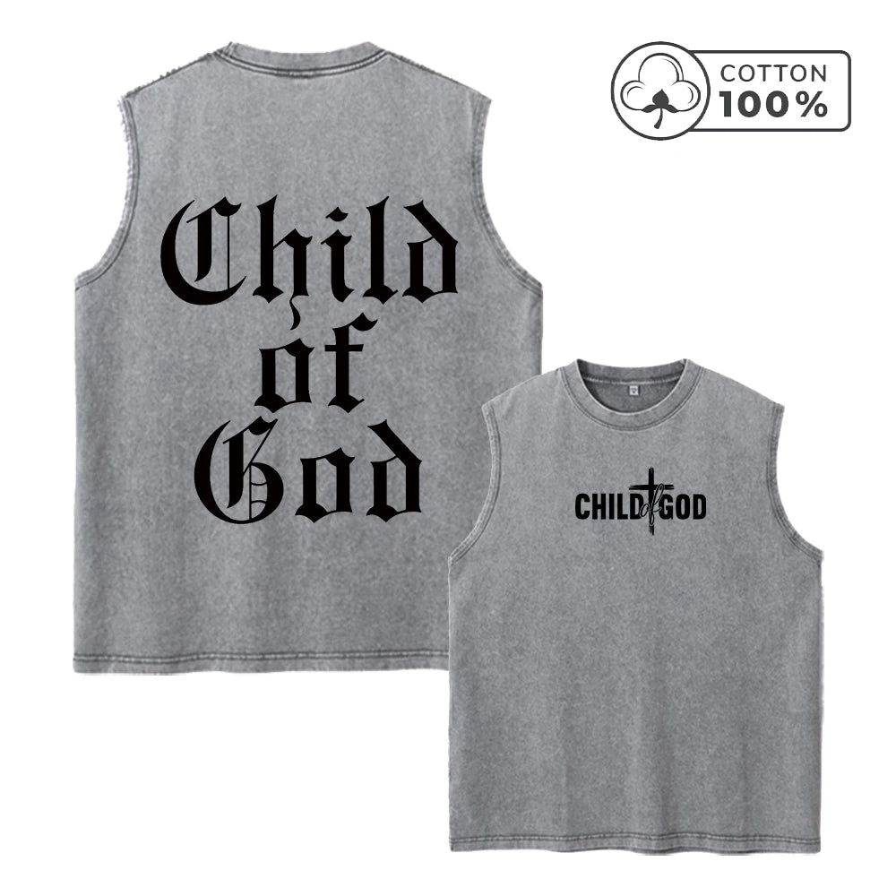 Men's Retro Washed Vest Gothic Style Child Of God Print Pure Cotton Casual Sleeveless T-Shirt Distressed Street Style Top