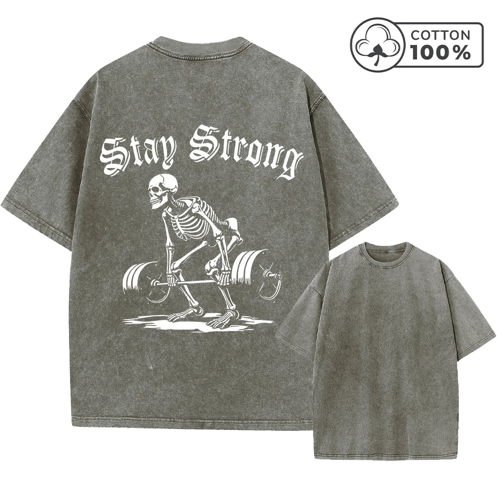 Men's Creative Skull Weightlifting Print Washed T-Shirt Trendy Fitness Top Summer Casual Pure Cotton Breathable Short Sleeve Top