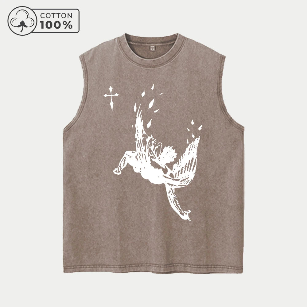 Men's Retro Pure Cotton Washed Vest With Angel Fall Print Summer Casual Sleeveless T-Shirt Daily Commute Outdoor Fitness Top