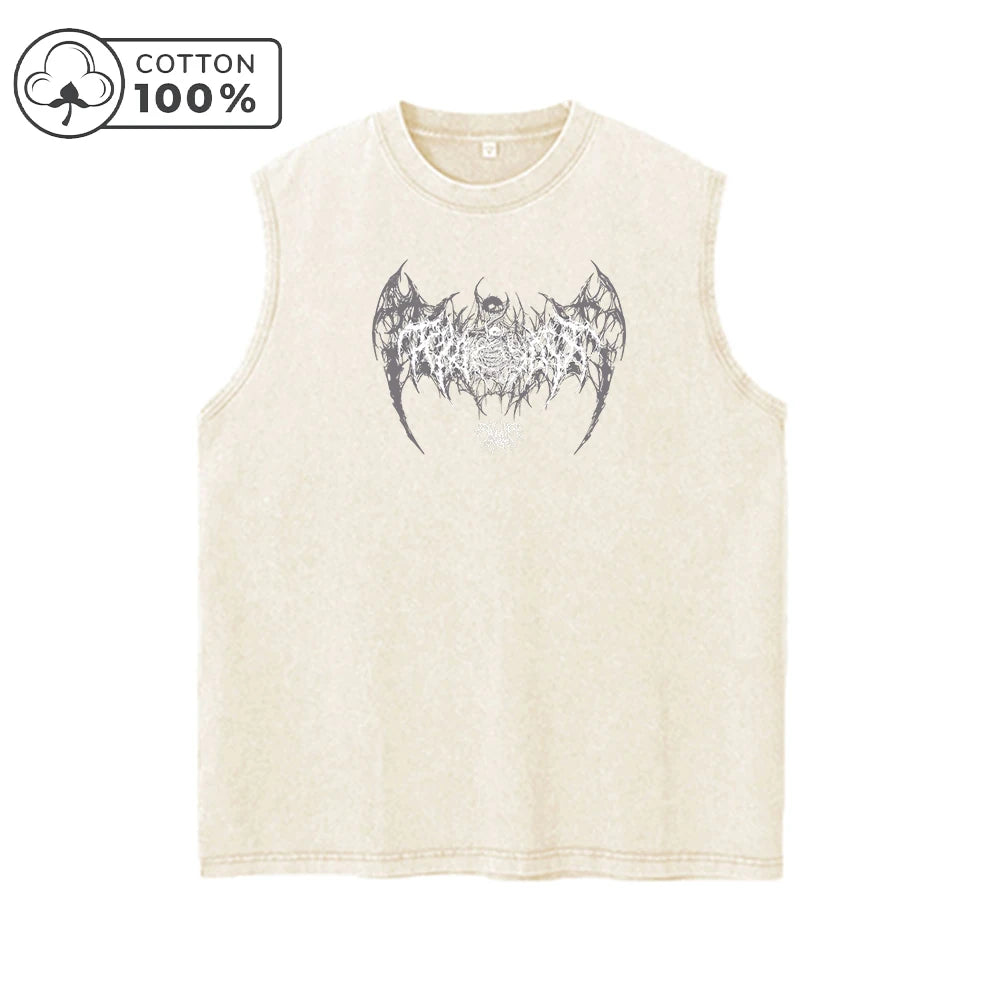 Men's Gothic Dark Wing Print Distressed Washed Vest Outdoor Running Cycling Pure Cotton Sleeveless Top Street Trend Vest