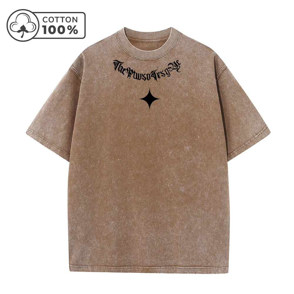 Men's Street Style Retro Washed T-Shirt With Thorn And Star Print Distressed Pure Cotton Short Sleeve Summer Commuter Gym Top