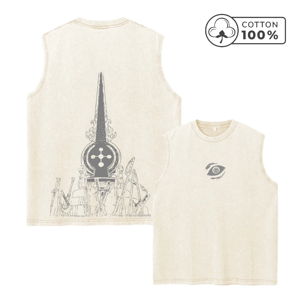 Men's Architectural Print Distressed Washed Vest Pure Cotton Breathable T-Shirt Summer Fitness Running Casual Sleeveless Vest