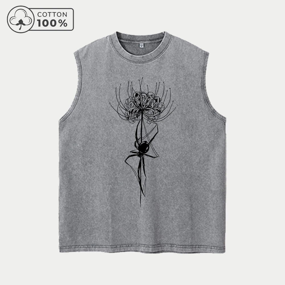 Men's Casual Sports Washed Vest With Unique Spider Lily Print Pure Cotton Sleeveless T-Shirt Summer Commute Outdoor Loose Top