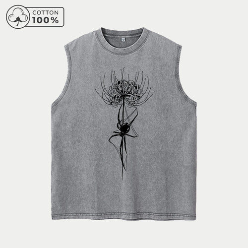 Men's Casual Sports Washed Vest With Unique Spider Lily Print Pure Cotton Sleeveless T-Shirt Summer Commute Outdoor Loose Top