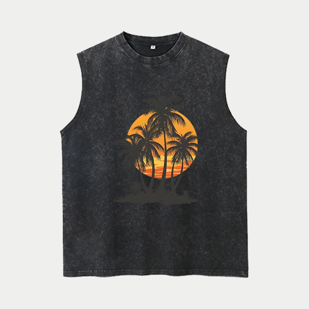 Men's Coconut Tree Print Washable Vest Summer Loose Casual Pure Cotton Short Sleeve Retro Street Style Machine Washable