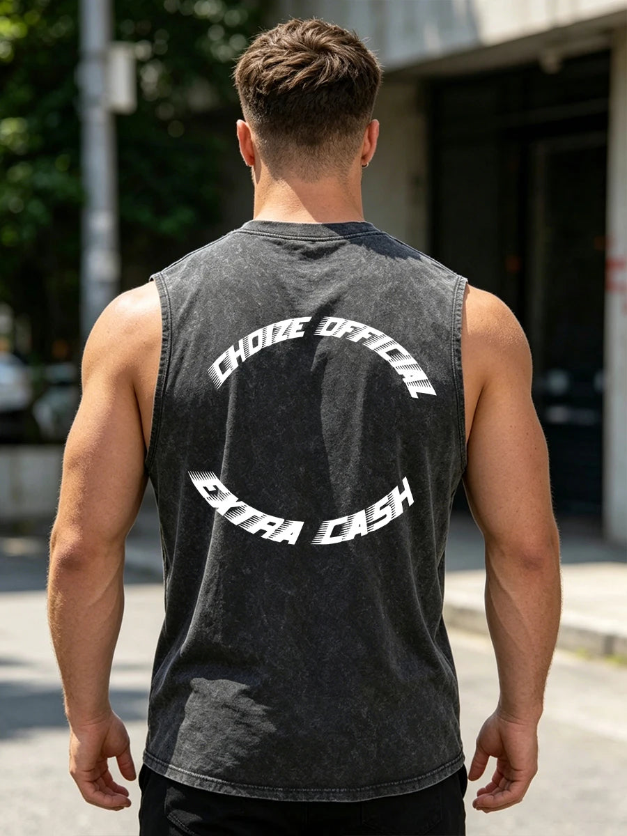 Men's Distressed Letter Print Washed Vest Retro Street Style Loose Fitting Pure Cotton Sleeveless Top Summer Gym Commute Vest