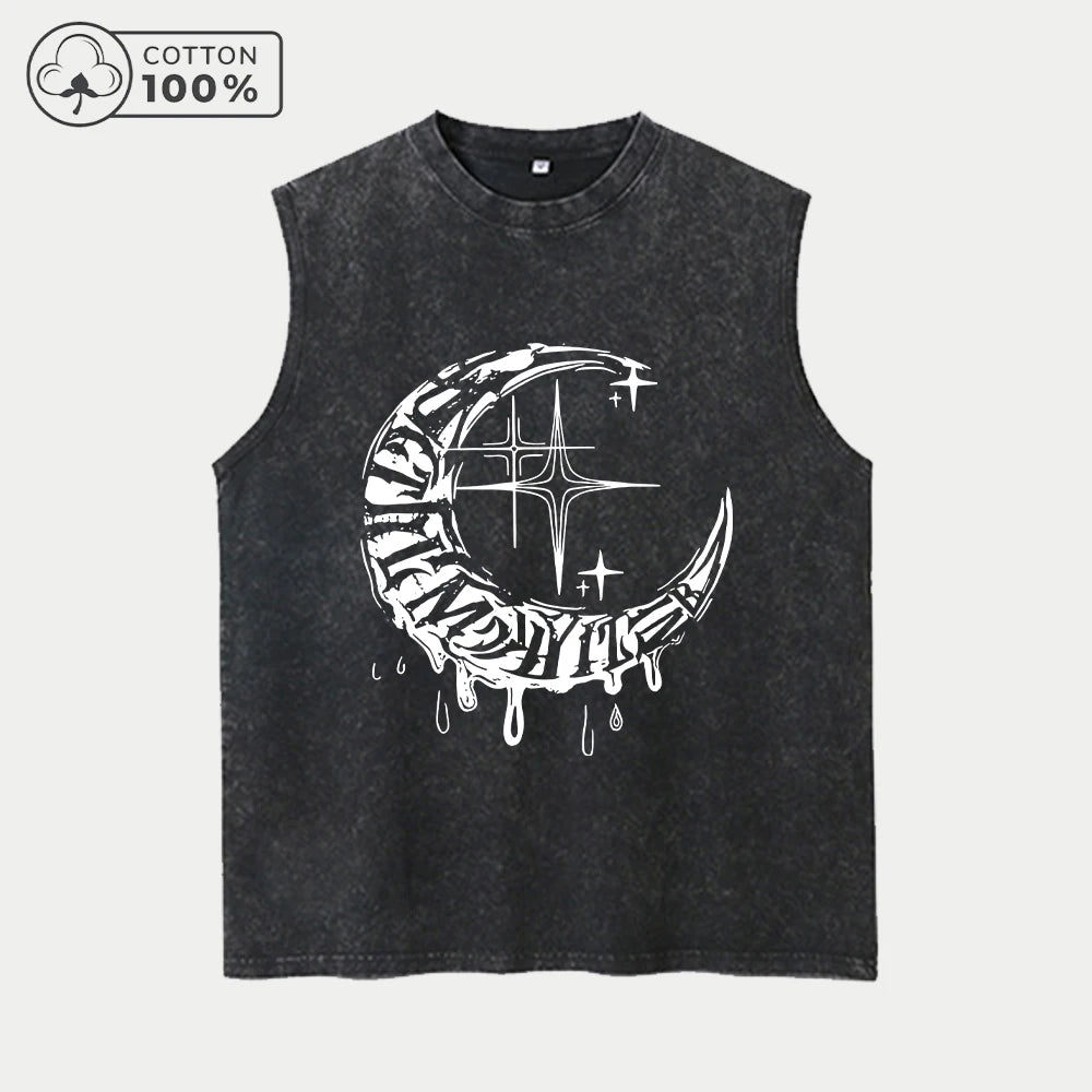 Men's Retro Washed Vest With Unique Star And Moon Print Pure Cotton Casual Sleeveless T-Shirt Distressed Street Style Top