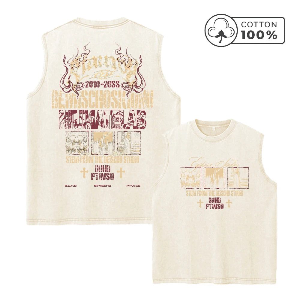 Men's Heavyweight Pure Cotton Washed Sleeveless Vest With Skull Print Retro Distressed And Breathable 2026 Summer New Arrival