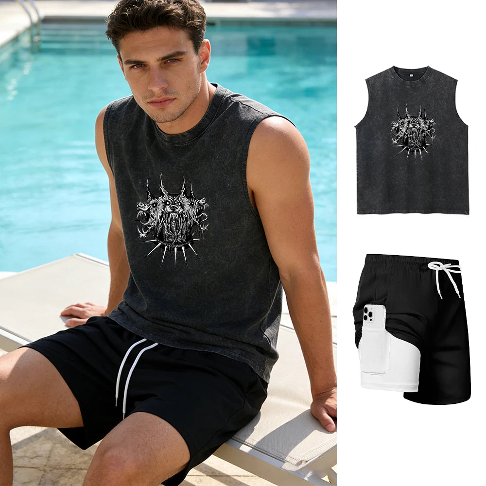 Men's Beach Casual Set Printed Fashion Washed T-Shirt Drawstring Shorts With Inner Cell Phone Pocket Summer Swimming And Surfing