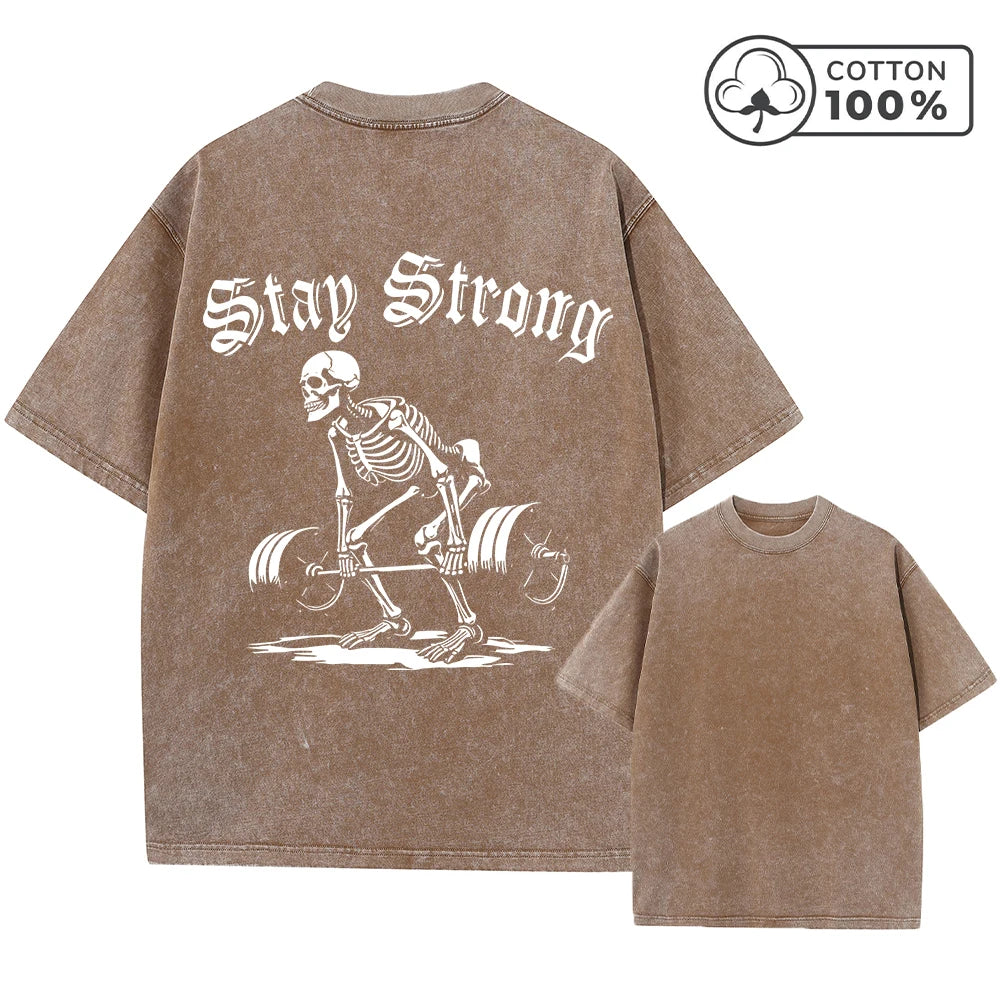 Men's Creative Skull Weightlifting Print Washed T-Shirt Trendy Fitness Top Summer Casual Pure Cotton Breathable Short Sleeve Top