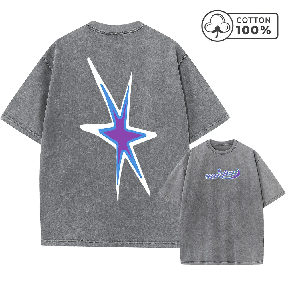 Men's Y2K Style Star Print Retro Washed T-Shirt Breathable Pure Cotton Casual Short Sleeved Summer Fitness Running Casual Top