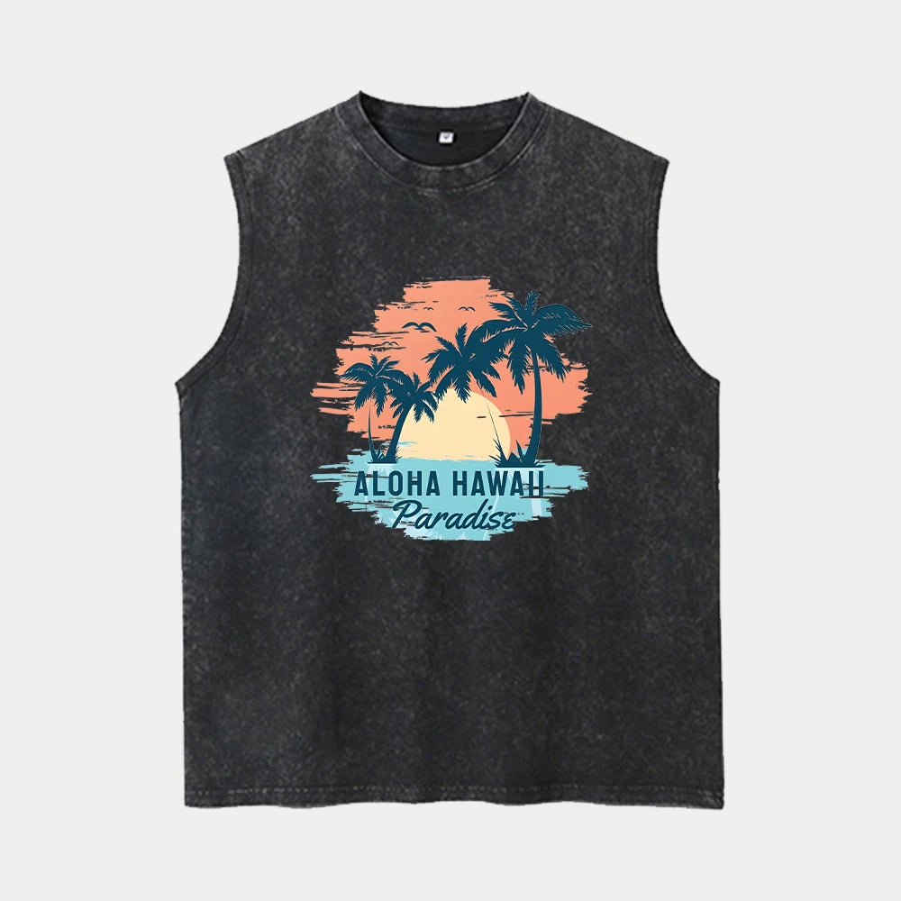 Men's Coconut Tree Print Washable Vest Summer Loose Casual Pure Cotton Short Sleeve Retro Street Style Machine Washable