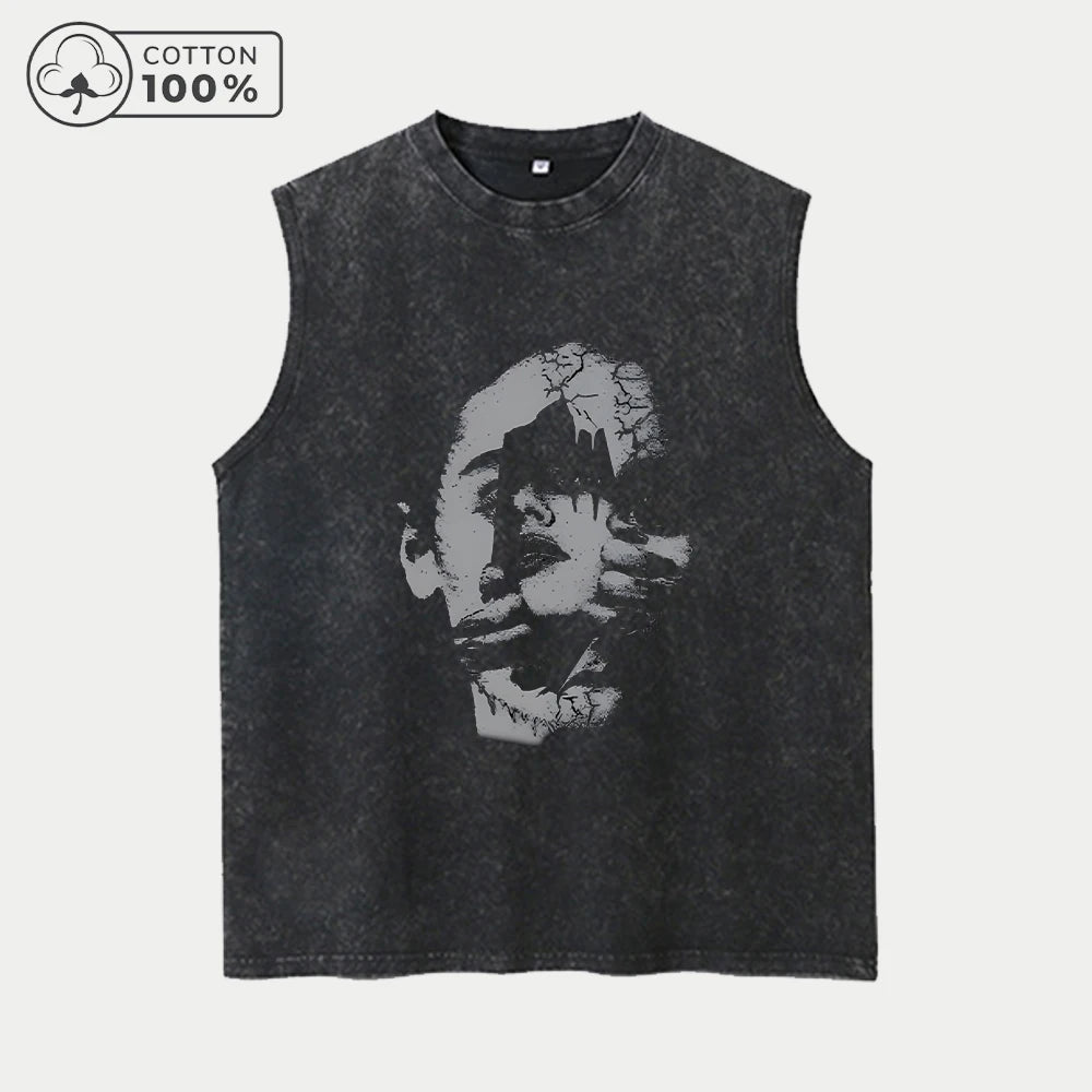 Men's Fashion Creative Face Print Washed Vest Loose Casual Pure Cotton Fitness Commuter Retro Sleeveless Vest Summer Running Top