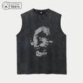 Men's Fashion Creative Face Print Washed Vest Loose Casual Pure Cotton Fitness Commuter Retro Sleeveless Vest Summer Running Top