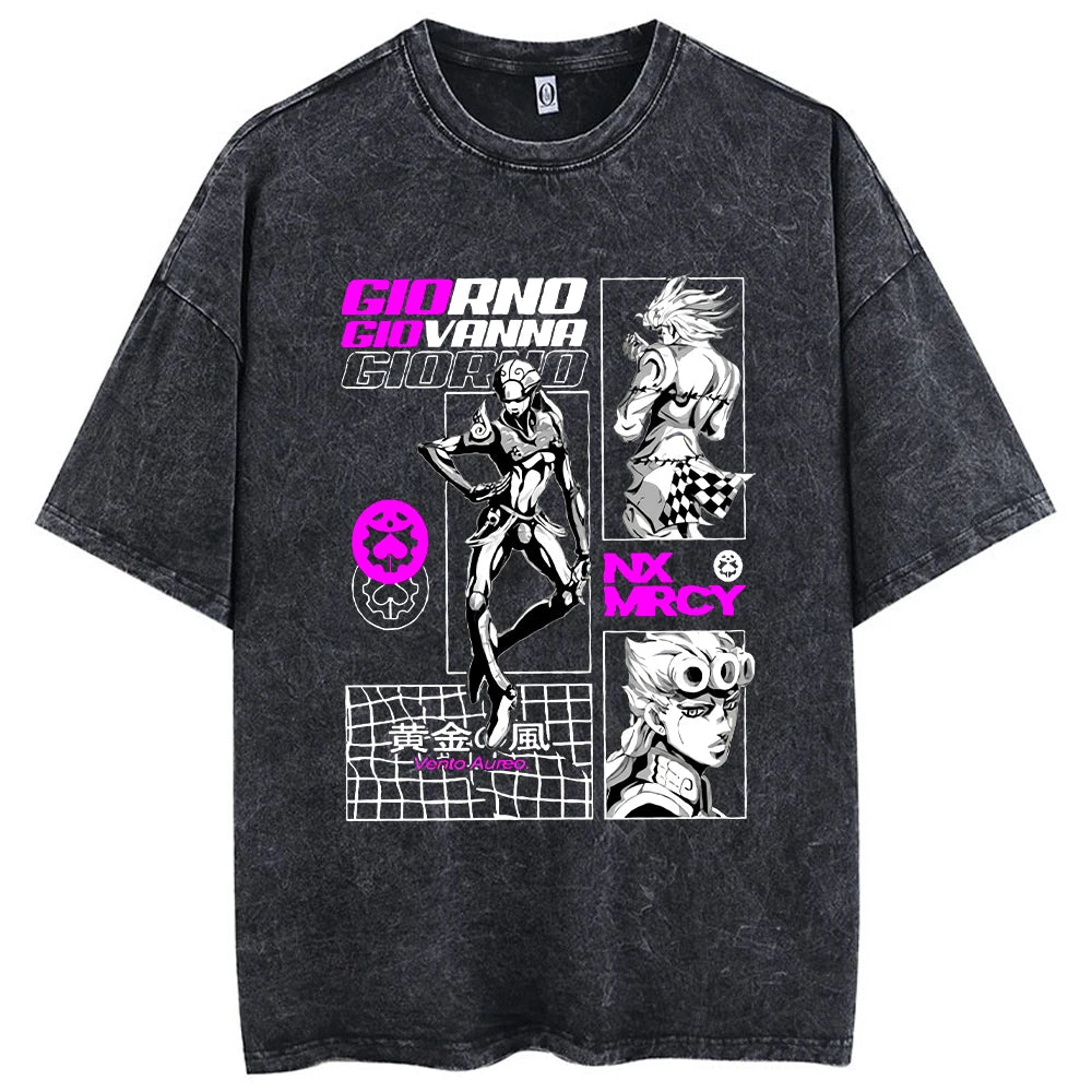 Y2k Washed T-shirts For Men Anime JoJo's Bizarre Adventure Short Tshirts Women Tops Graphic Printed TShirt Short Sleeve Unisex