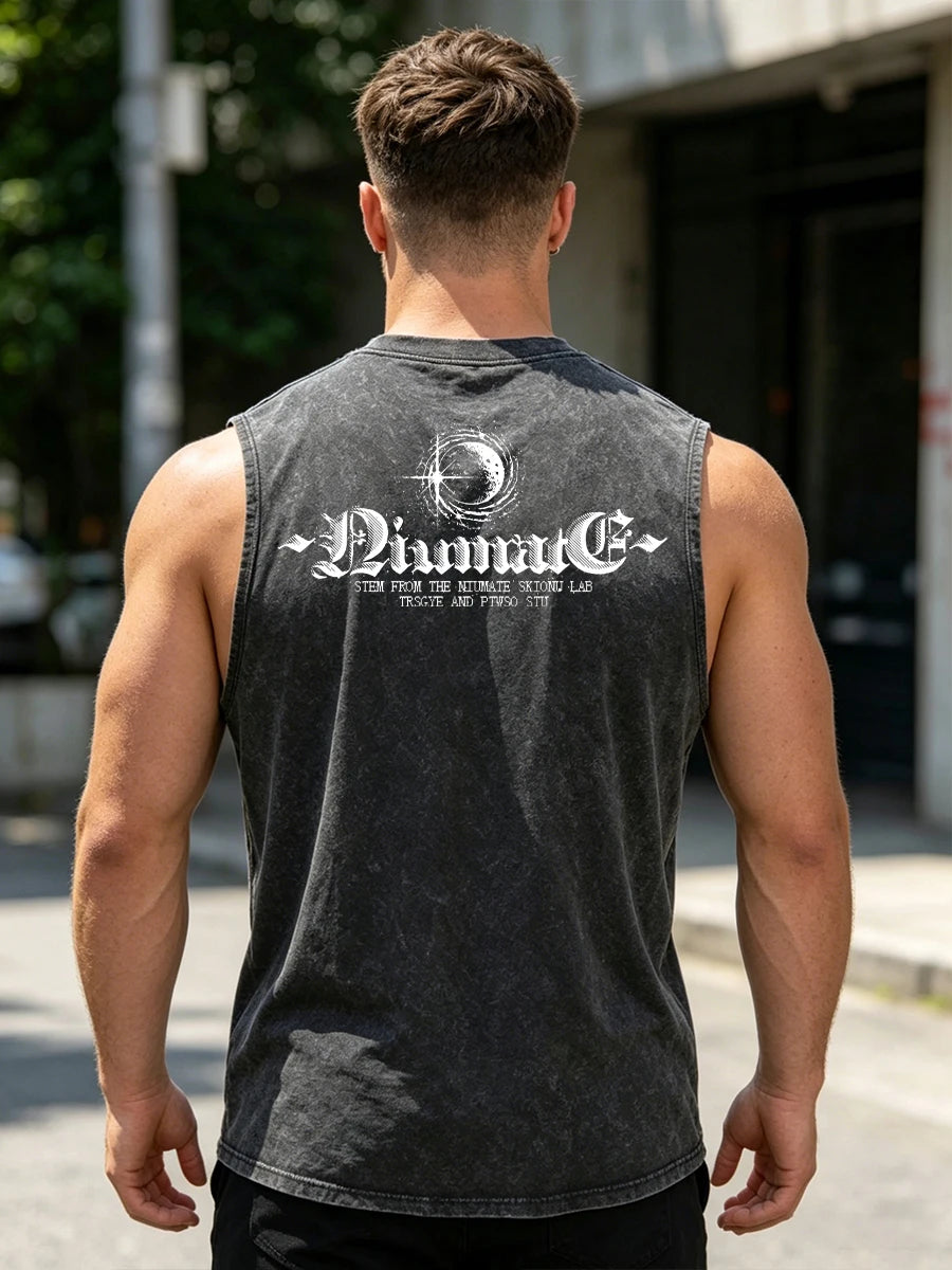 Men's Pure Cotton Washed Sleeveless Vest Trendy Starlight Print Top Retro Distressed Street Style Heavyweight Breathable Vest