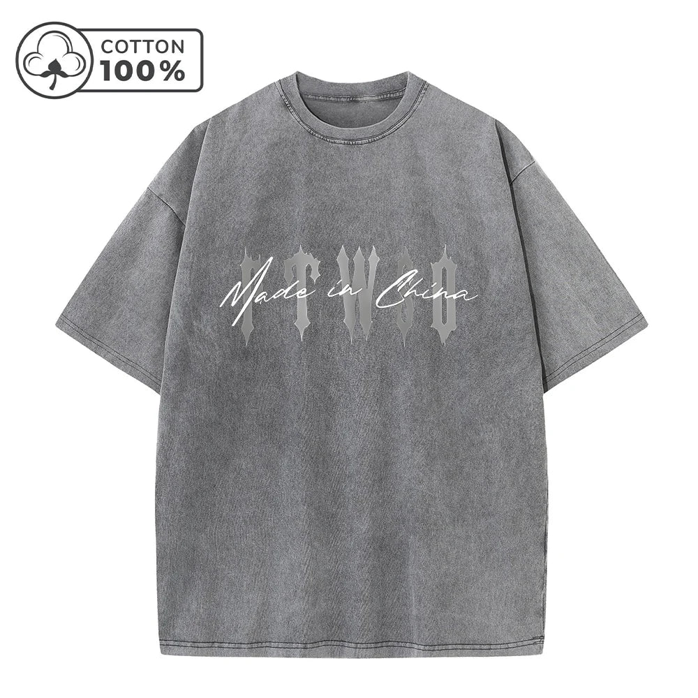 Men's Retro Washed T-Shirt Street Style Word Print Pure Cotton Short Sleeve Top Suitable For Daily Fitness Training And Commute