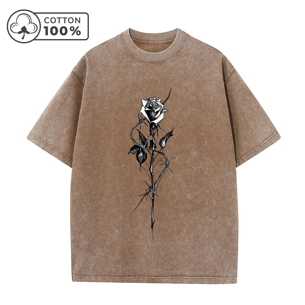 Men's Fashion Street Style Distressed Washed T-Shirt With Retro Rose Print Summer Casual Pure Cotton Breathable Short Sleeve Top