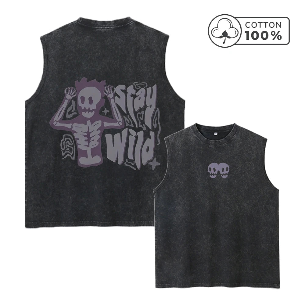 Men's Fun Skull Print Retro Washed Vest Suitable For Summer Fitness Training Daily Commute Casual And Stylish Pure Cotton Vest
