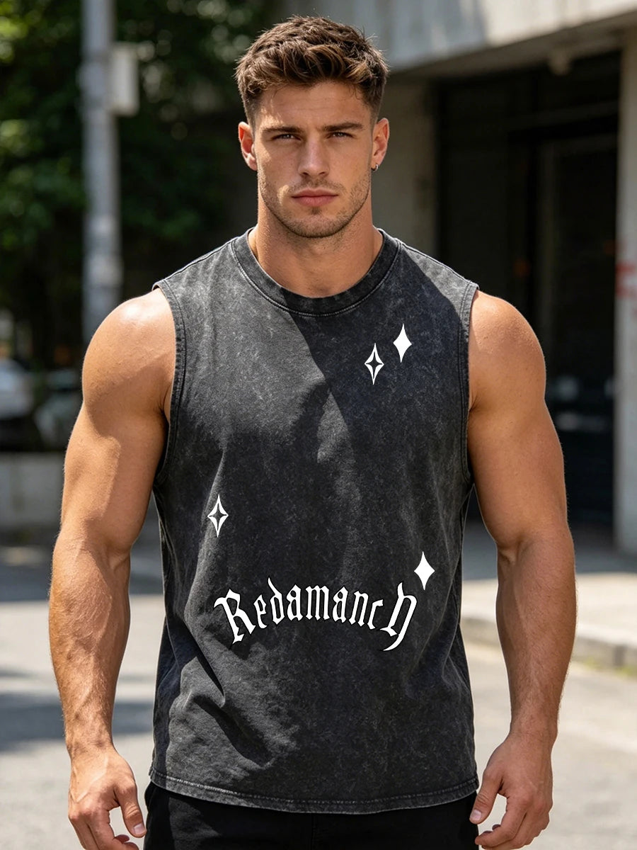 Men's Star And Letter Print Washed Vest Retro Street Style Loose Fitting Pure Cotton Sleeveless Top Summer Gym And Commute Vest