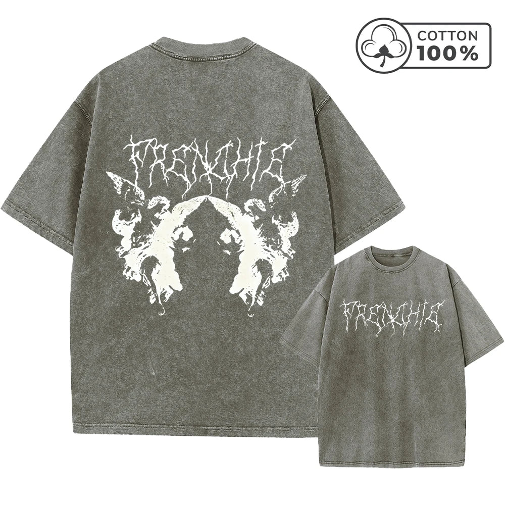 Men's Y2K Style Thorn Angel Print Retro Washed T-Shirt Summer Distressed Loose Casual Fashion Short Sleeved Fitness Commuter Top