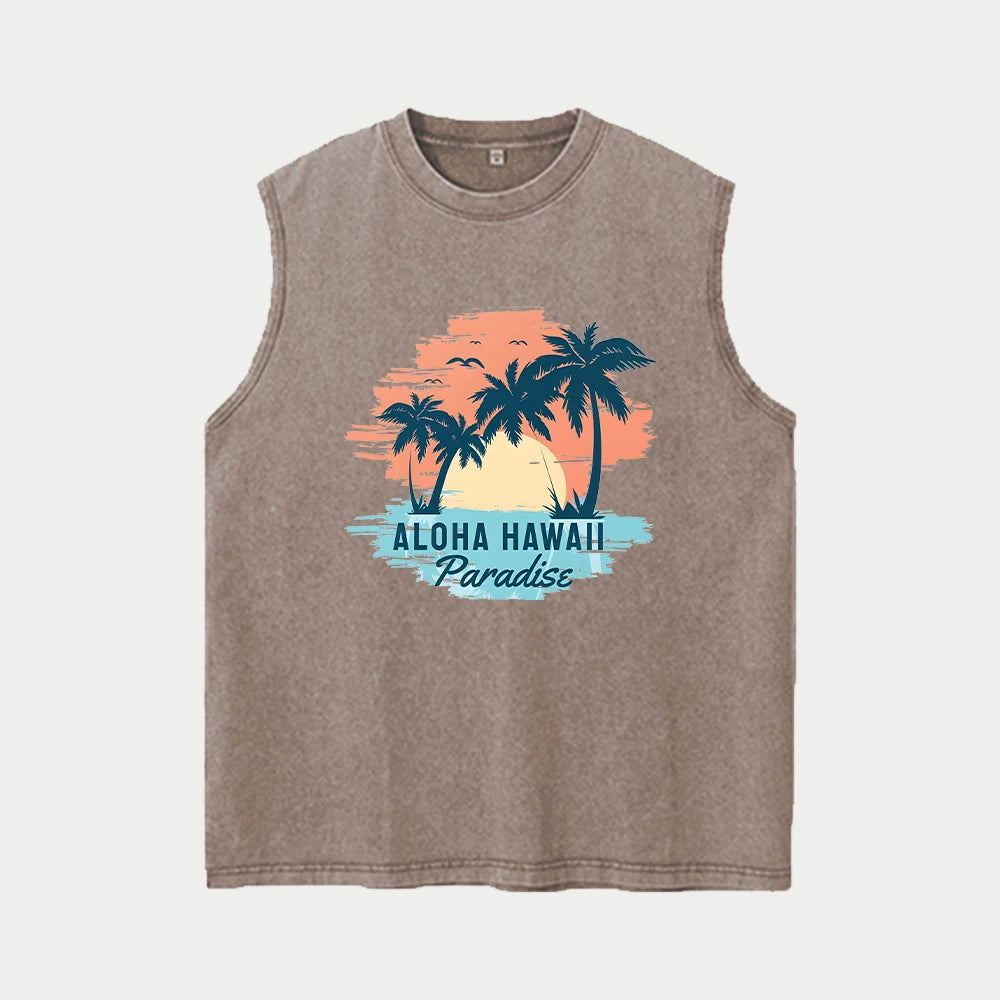 Men's Coconut Tree Print Washable Vest Summer Loose Casual Pure Cotton Short Sleeve Retro Street Style Machine Washable