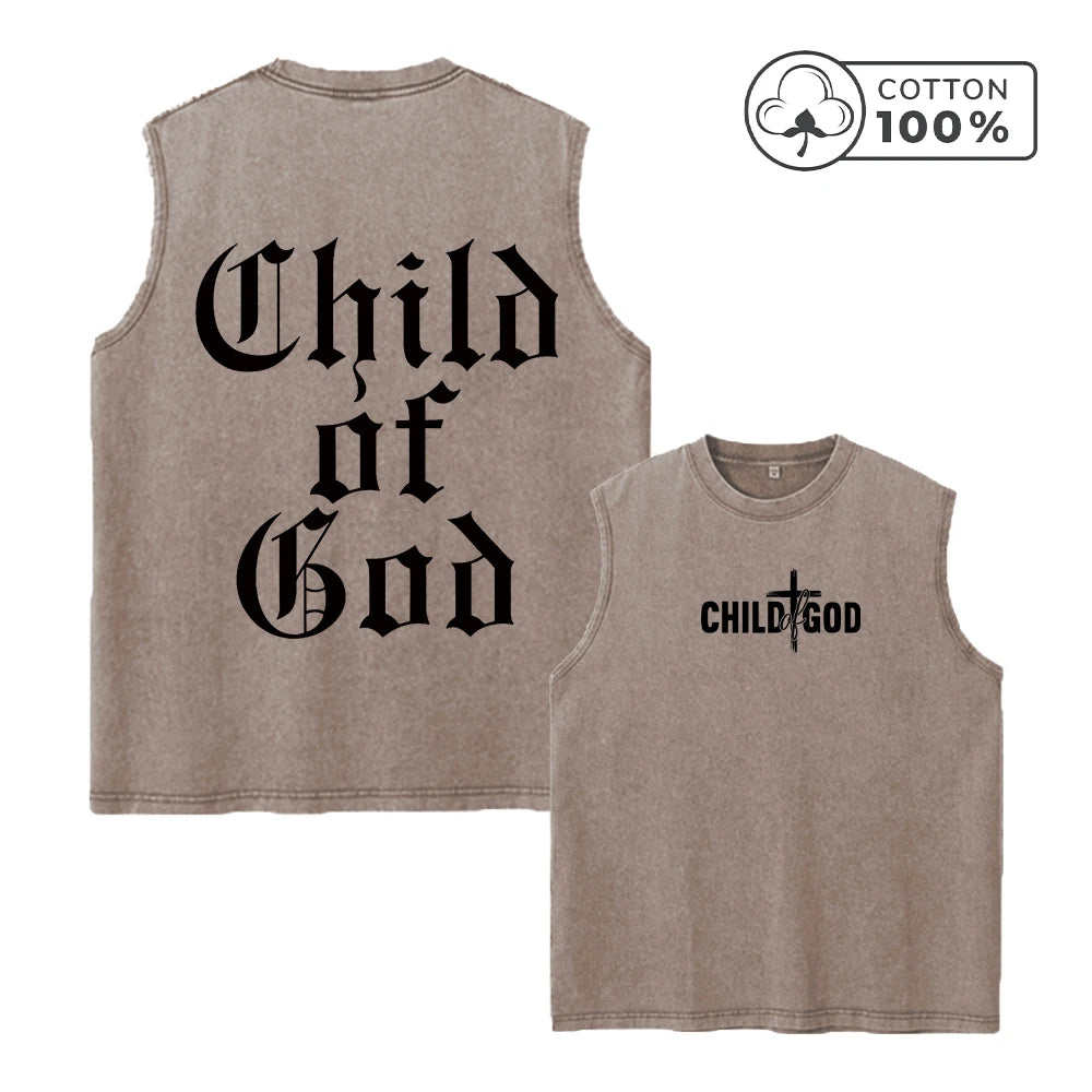 Men's Retro Washed Vest Gothic Style Child Of God Print Pure Cotton Casual Sleeveless T-Shirt Distressed Street Style Top