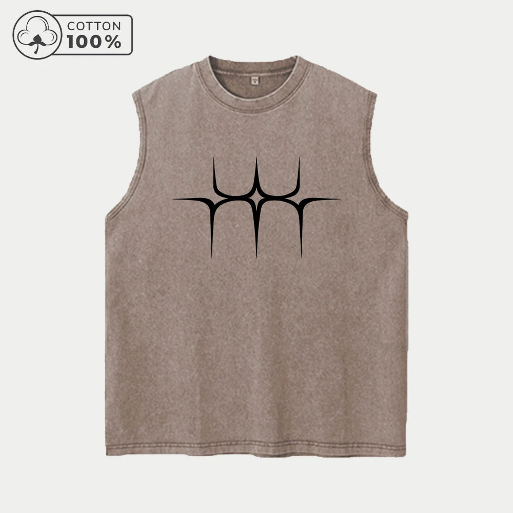 Men's Star Print Distressed Washed Vest Pure Cotton Breathable T-Shirt Summer Outdoor Fitness Running Casual Sleeveless Vest