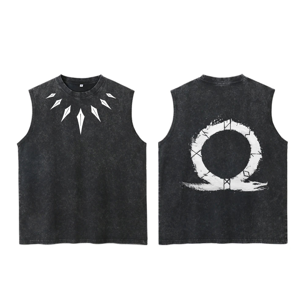 Men's Vintage Washed Vest Stylish Pure Cotton Printed Round Neck Sleeveless Top Summer Trendy Casual Loose Everyday Wear