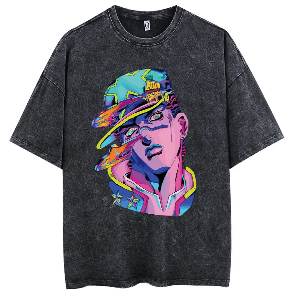 Y2k Washed T-shirts For Men Anime JoJo's Bizarre Adventure Short Tshirts Women Tops Graphic Printed TShirt Short Sleeve Unisex